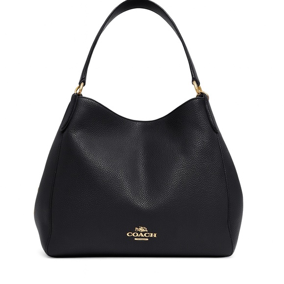 COACH Purse F80268 Hallie Shoulder Bag Tote Black Pebble Leather Gold Hardware - Picture 1 of 16